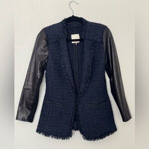Rebecca Taylor genuine leather sleeves navy metallic tweed blazer